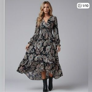 Boho Paisley Print Belted A-line Dress